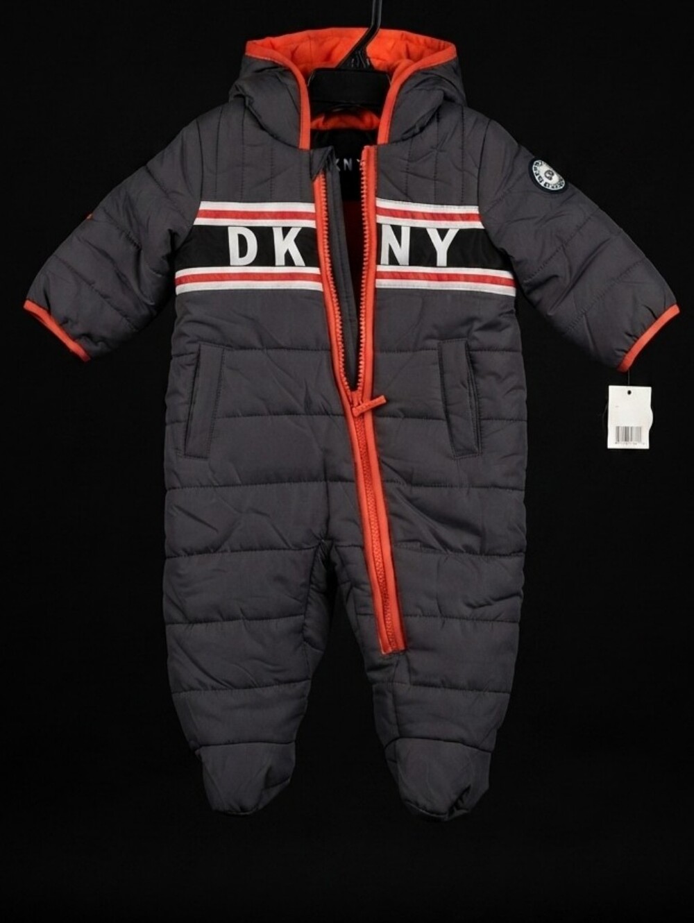 NWT DKNY Baby Quilted Hooded Bunting Snowsuit - Charcoal Grey & Orange - 3-6 Mon